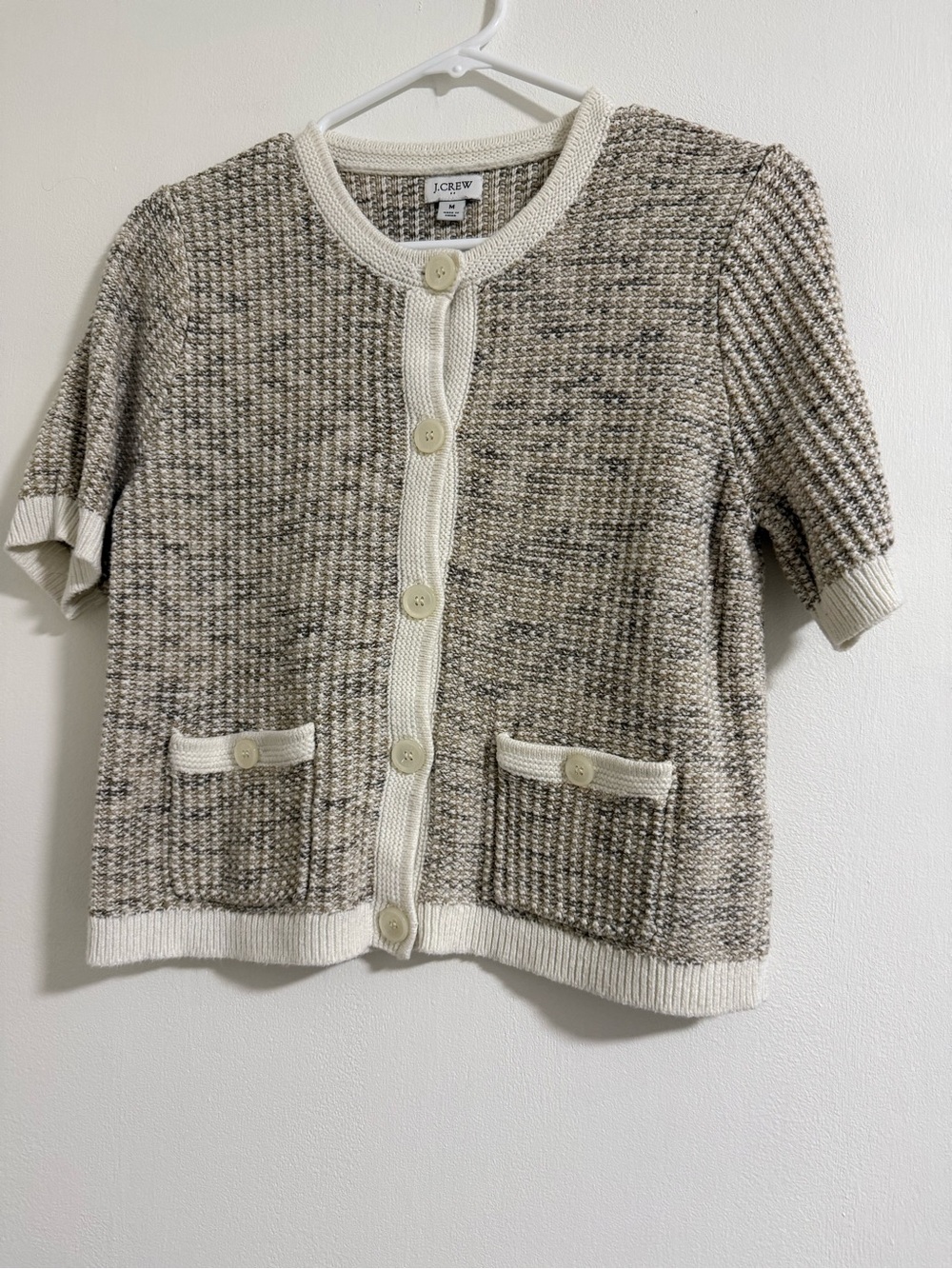 J. Crew Cream and Taupe Textured Short-Sleeve Cardigan